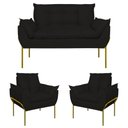 Ver imagem 1 de Kit 2 Poltronas + Namoradeira Pé Metal Dourado Recepção Sala Preto