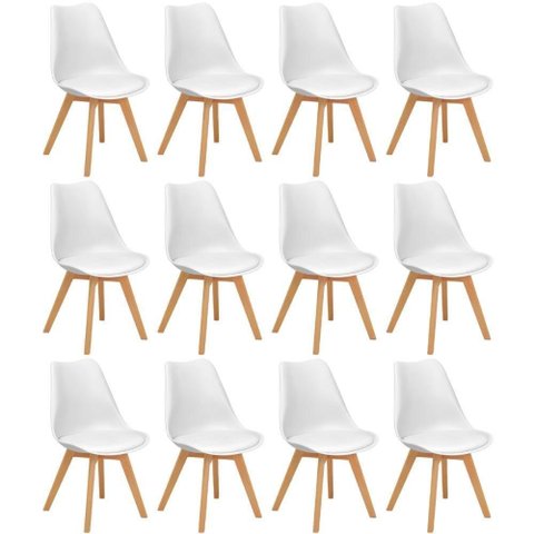 Conjunto 12 Cadeiras de Jantar Eames Wood Leda Design Estofada - Branco
