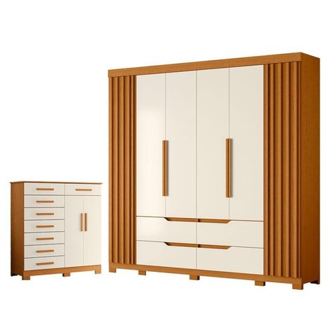 Guarda Roupa Casal Doble 06 Portas e Cômoda Verona 08 Gavetas Cinamomo Off White - Móveis Albatroz