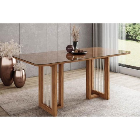 Mesa P/ Cozinha Yara Sc79 C/ Tampo Madeirado C/ Vidro Curvo 160x90cm Nature - Henn