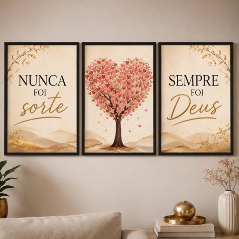Kit 3 Quadros Decorativos Nunca Foi Sorte Sempre Foi Deus:Preto