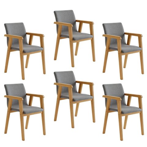 Kit 6 Cadeiras com Braço para Sala de Jantar Pés Madeira Maciça Flora Cinza/Cinamomo/Linho Prata