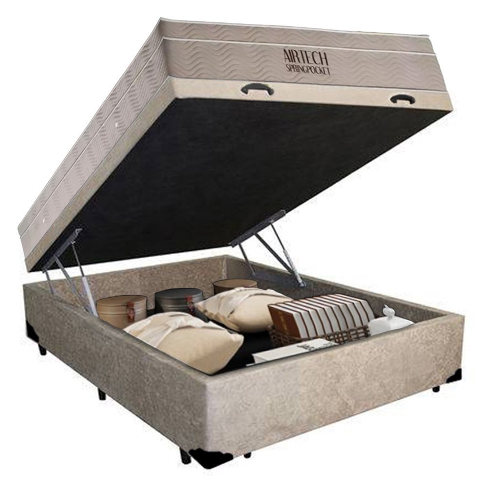 Cama Box Baú Casal Suede + Colchão Ortobom Airtech Molas Ensacadas 138x188x65 Bege - 6