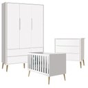 Ver imagem 1 de Quarto de Bebê Theo 3 Portas com Cômoda Gaveteiro Branco Acetinado Pés Madeira Natural - Reller