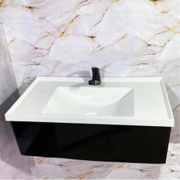 Kit Lavatório Pia Topazio 60cm com Gabinete Suspenso Preto Instala Fácil - Quanta - 2