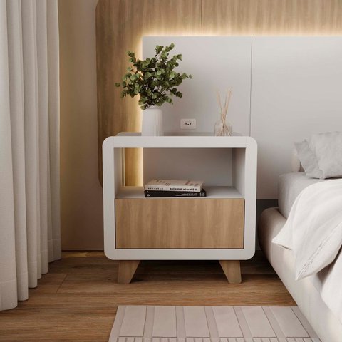 Mesa de Cabeceira 55cm com Gaveta e Nicho 100% MDF Padrão Planejados Mabel Branco