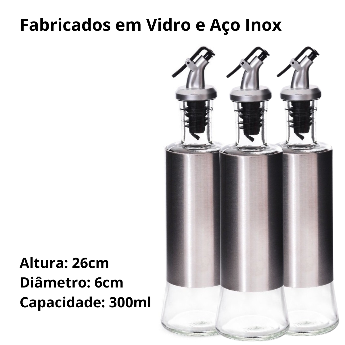 Kit 10 Galheteiro Azeite Vinagre 300ml Vidro Aço Inox com Dosador - 3