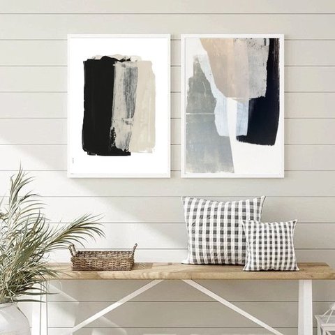 Kit 2 Quadros Decorativos Arte Abstrata- Preto Cinza e Bege 24x18cm - com Vidro:madeira Preta