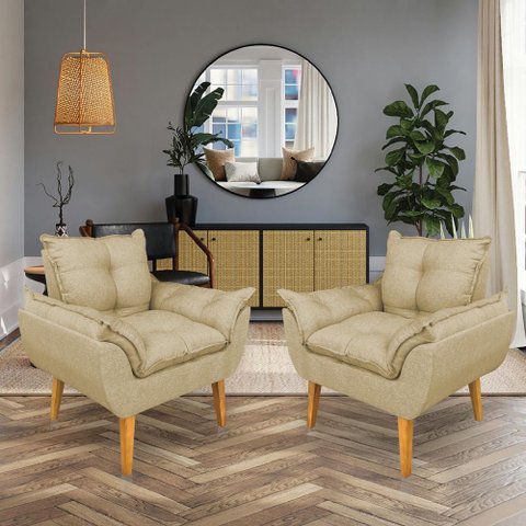 Kit 2 Poltronas Opala Decorativa Luxo Linho Dourado Sky Mobile