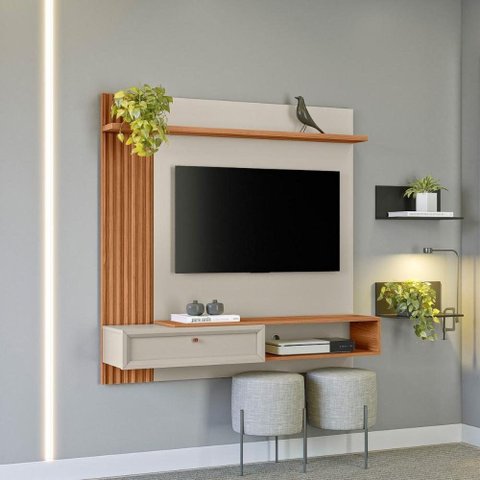 Painel Home TV Alvorada 132cm Canela Off White Fosco para Sala