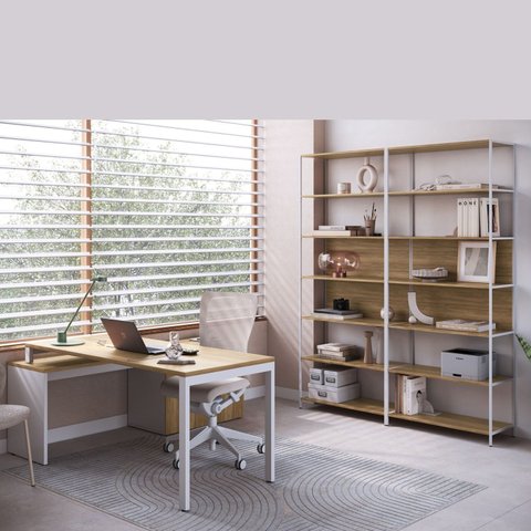 Conjunto de Escritório Mesa Diretoria 160cm com Balcão 1 Porta 2 Gavetas 180cm e 2 Estantes Concept Nogal Sevilha Branco