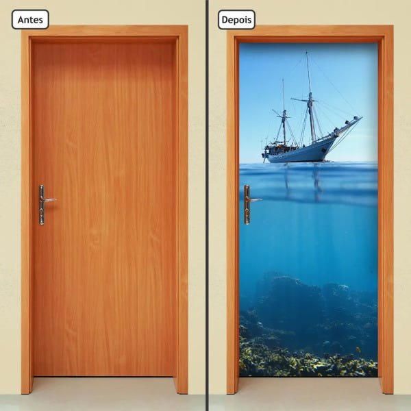 Adesivo Decorativo de Porta - Barco - Fundo do Mar - 422cnpt - 1