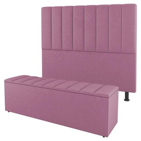 Kit Cabeceira E Baú Cama Box Solteiro Cora 90Cm Suede Rosa