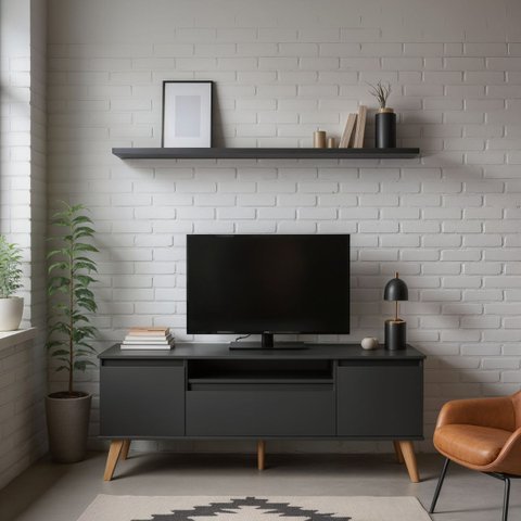 Rack para TV com Prateleira 150cm Retro MDF Grafite Dallas - On Móveis