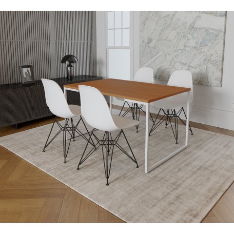 Mesa Industrial Base Ferro Branco Tampo 137x90 Canela 4 Cadeiras Eames Ferro Preto Assento Branco