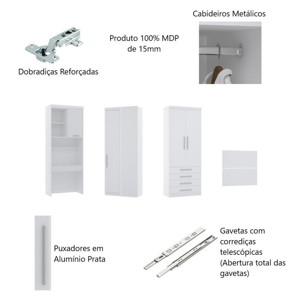 Guarda Roupa Dormitório Modulado Alpes Solteiro Canto c/ Bancada de Estudo - Roupeiro Luciane M04:Av - 3