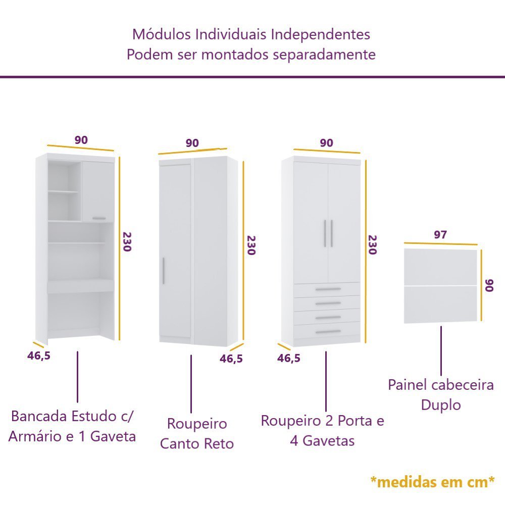 Guarda Roupa Dormitório Modulado Alpes Solteiro Canto c/ Bancada de Estudo - Roupeiro Luciane M04:Av - 5