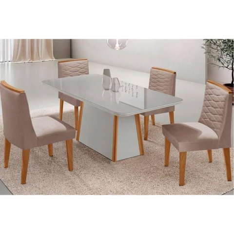 Conjunto Sala de Jantar Tilia C/ Tampo Madeirado C/ Vidro Canto Curvo 120x80cm e 4 Cadeiras Maldivas