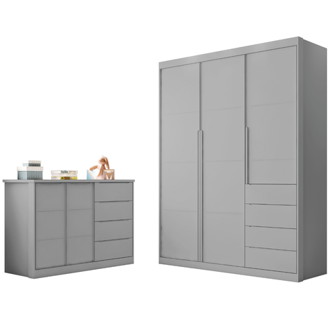 Conjunto Infantil Roupeiro e Comoda Perola Mdf Cinza