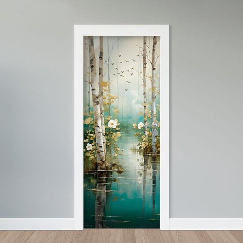 Adesivo de Porta - Lagoa, Árvores e Flores