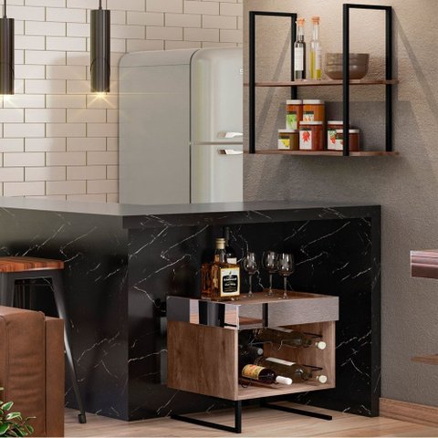 Conjunto Adega Espelhada 6 Garrafas e Prateleira Suspensa Estilo Industrial Loft D09 Demolição/