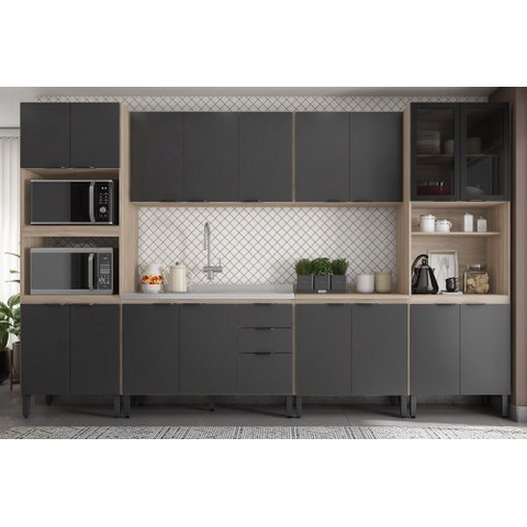 Cozinha Modulada 340m Firenze com Balcão 120m para Pia sem Tampo - Avena Touch/ Grafito Demóbile