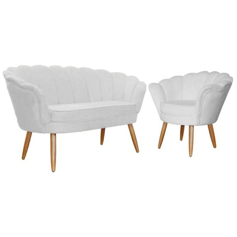 Kit Namoradeira + 1 Poltrona Decorativa Pétala Couro Branco Pés Madeira Mz Decor