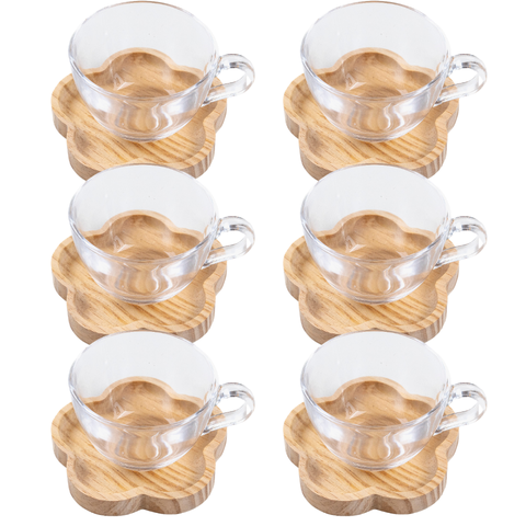 Jogo Xícaras Café com Pires Madeira 12 Peças Vidro 230ml