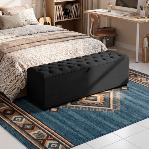 Recamier Baú Berlim Veludo Preto Casal 1,30m Estofado Pés PVC Preto