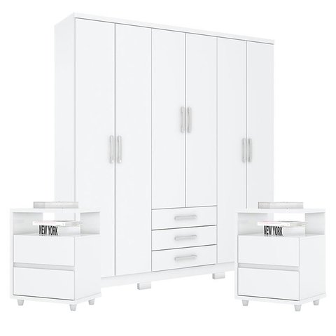 Guarda Roupa Casal Caju 6 Portas com Kit Mesa de Cabeceira Branco - Henn