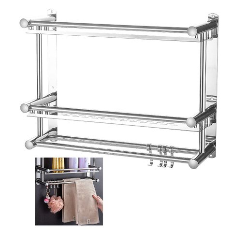 Organizador Cozinha Banheiro Prateleira Inox Gancho Suporte Multiuso Utensilio Shampoo Condicionador