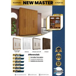 Guarda Roupa New Master 4 Portas 3 Gavetas 8 Prateleiras - Benetil - 6