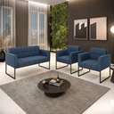 Ver imagem 4 de Kit 1 Sofá Namoradeira e 2 Poltronas Suede Base Metálica Industrial Preto D'Rossi Cor Azul Marinho