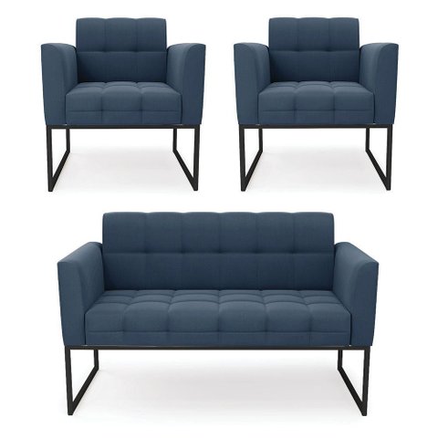 Kit 1 Sofá Namoradeira e 2 Poltronas Suede Base Metálica Industrial Preto D'Rossi Cor Azul Marinho