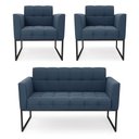 Ver imagem 1 de Kit 1 Sofá Namoradeira e 2 Poltronas Suede Base Metálica Industrial Preto D'Rossi Cor Azul Marinho