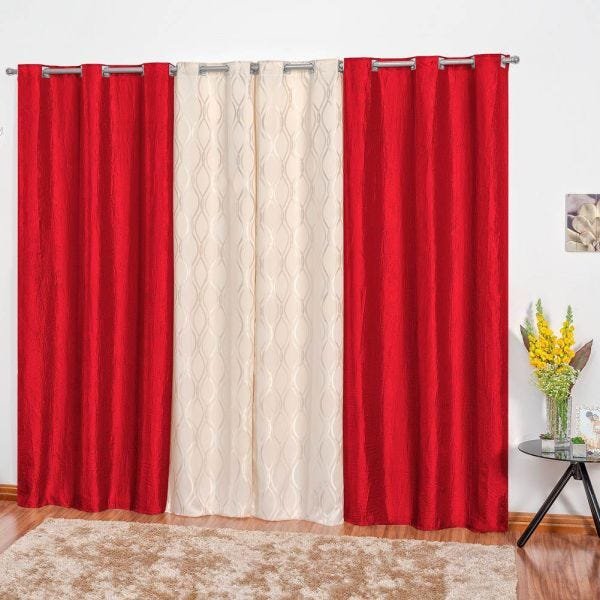 Cortina Tecido Jacquard com Cetim Amassado 2,00m x 1,70m Malibu - Vermelho - Vermelho - 1