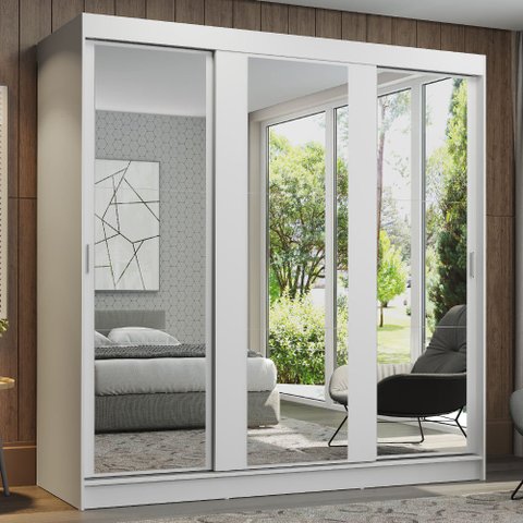 Guarda-Roupa Casal Madesa Reno 3 Portas de Correr de Espelho Branco Cor:Branco