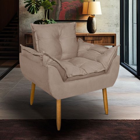 Poltrona Opala para Sala Clínica Salão Pés de Madeira Suede Capuccino