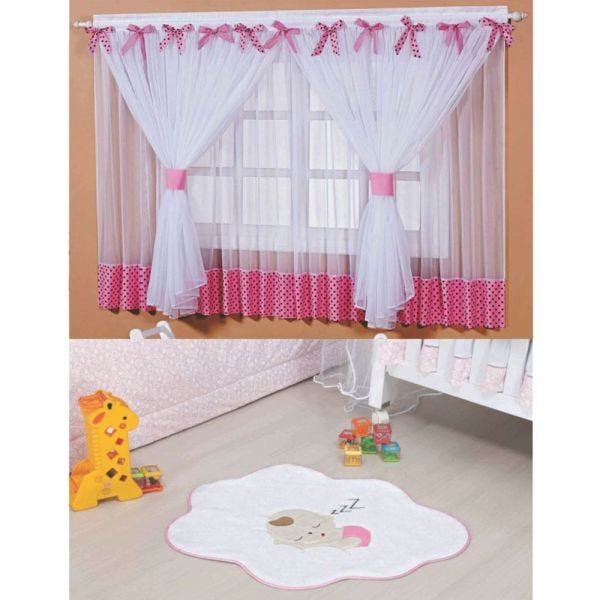 Kit Decoração Sonho Meu para Quarto Infantil = Cortina Voal 2 Metros + Tapete Pelúcia Bebê Nuvem - 1