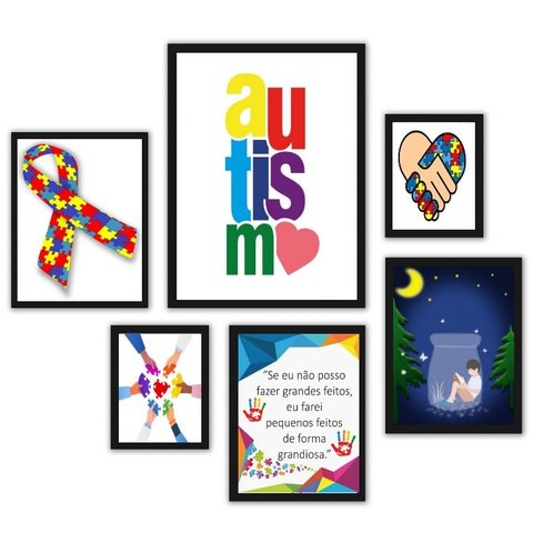 Composição 6 Quadros Decorativos Autismo - com Vidro:madeira Preta