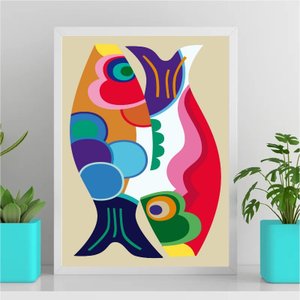 Quadro Decorativo Peixes Abstratos Coloridos 45x34cm:Madeira branca