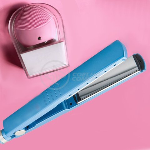 Kit 1 Prancha Chapinha Titanium Progressivas Profissional + 1 Esponja Facial Limpeza Rosa Bebê Cor:a