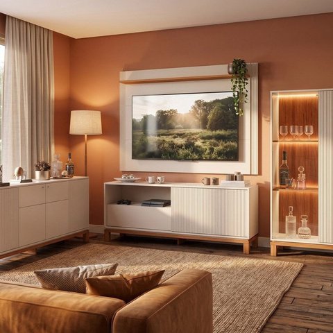 Rack com Painel Ate 55" Mondrian com Buffet e Cristaleira com LED Mondrian Bege/Off White