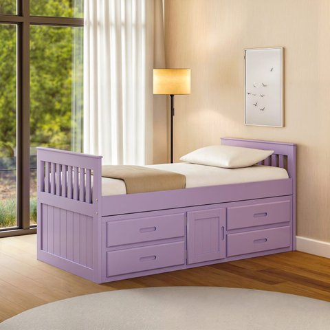 Cama Solteiro com 04 Gavetas e 01 Porta Funcional de Madeira Maciça - Lilás