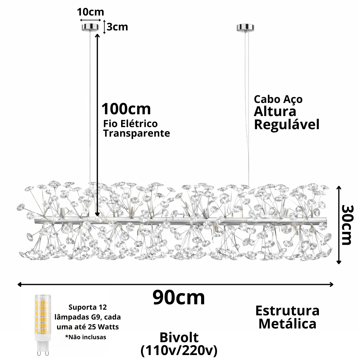 Lustre Pendente 90cm Dente de Leão 336 Cristais 12xg9 Led Prata Metal Teto Gimpo Ldl-prata-90cm - 4