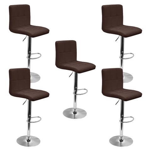 Kit 5 Banquetas Confort Gomos Estofada Couro Giratória C/ Regulagem Marrom Café