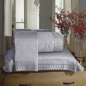 Kit Cobre Leito Queen Cristal com Renda Renascença Buettner Cinza