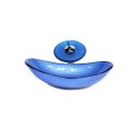 Ver imagem 1 de CUBA DE VIDRO OVAL 55CM AZUL ESCURO + VALVULA + TORNEIRA CASCATA