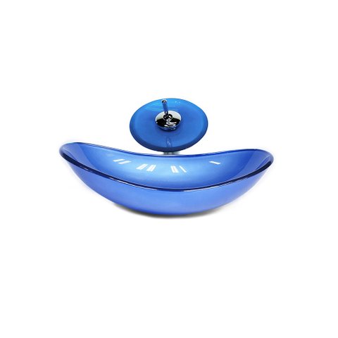 CUBA DE VIDRO OVAL 55CM AZUL ESCURO + VALVULA + TORNEIRA CASCATA