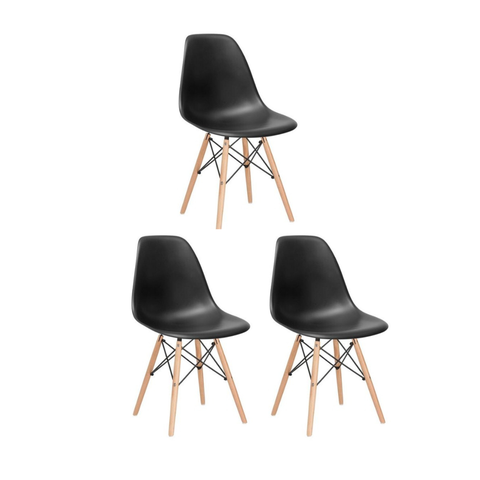 Kit 3 Cadeiras Eiffel Charles Eames Pretas – Base de Madeira – Design Moderno – Sala de Jantar, Escr